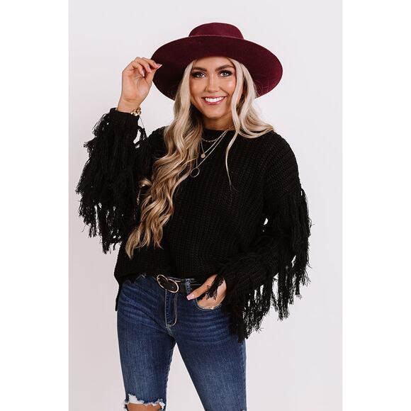 &merci Sweaters - Vici - &Merci - Fringe Sleeve Black Knit Scoop Neck Sweater - Size S